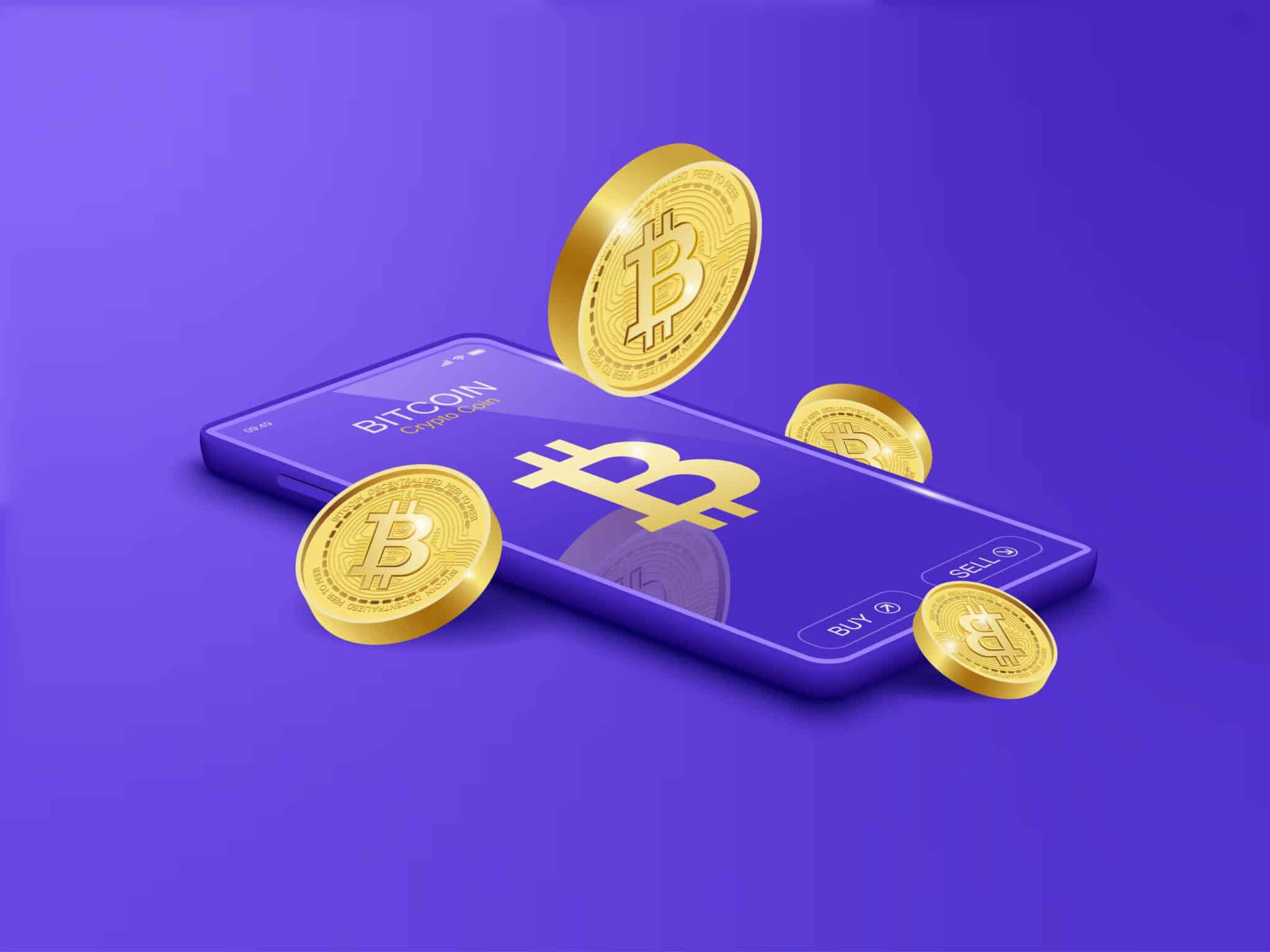 Illustration of Bitcoin displayed on a phone on a bright purple background