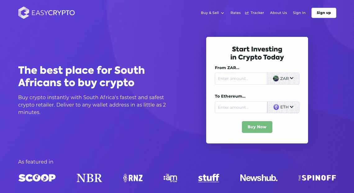 Easy Crypto South Africa Homepage showcasing the ZAR and ETH pairing.