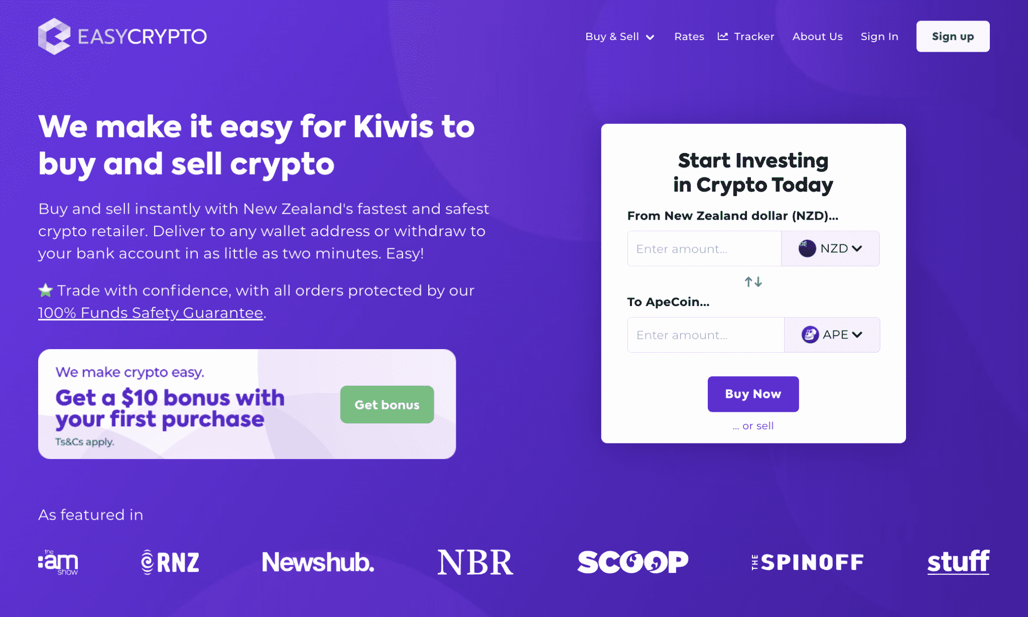 Screenshot of Easy Crypto homepage NZ showcasing the NZD and ApeCoin pairing.