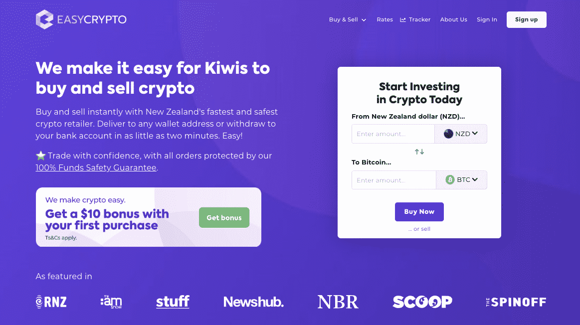 Screenshot of Easy Crypto New Zealand home page showcasing the Bitcoin and NZD pairing.