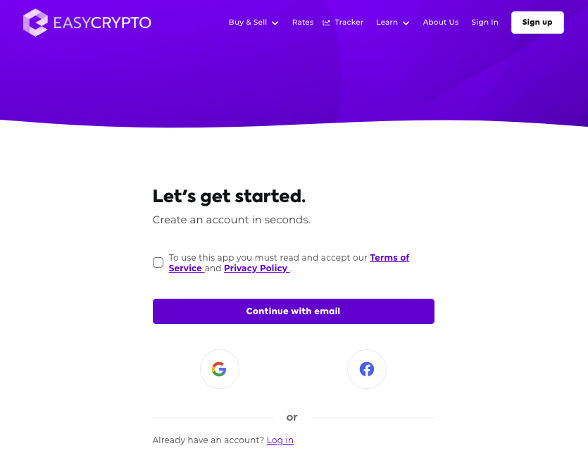 Easy Crypto Sign Up Screen