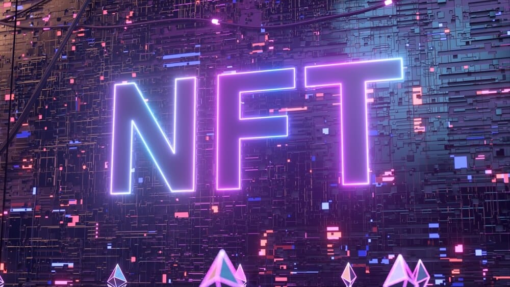Neon purple NFT logo on purple background.