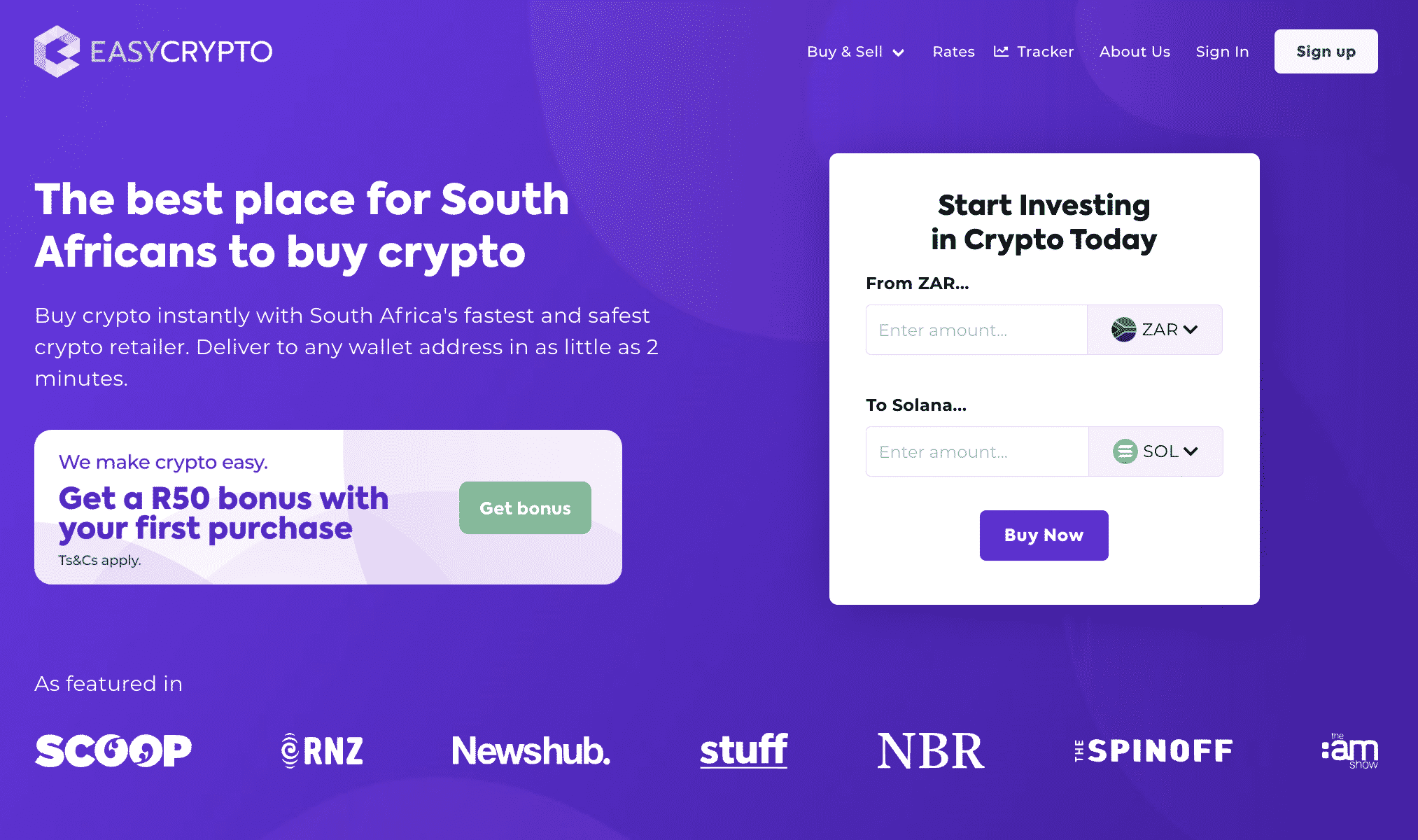 Screenshot of Easy Crypto Homepage South Africa showcasing the SOL and ZAR pairing.