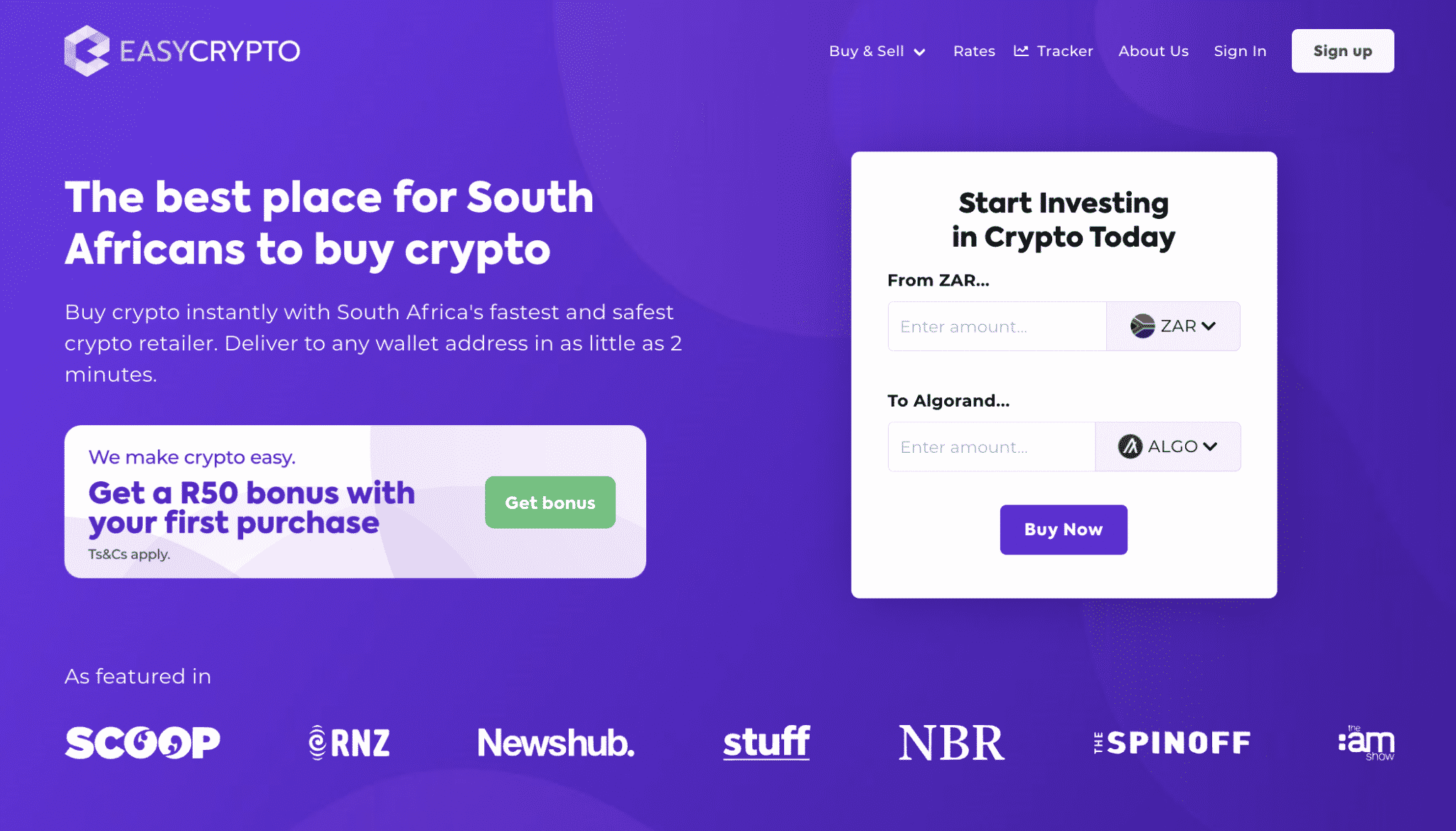 Screenshot of Easy Crypto South Africa homepage with the Algorand (ALGO) pairing with ZAR.