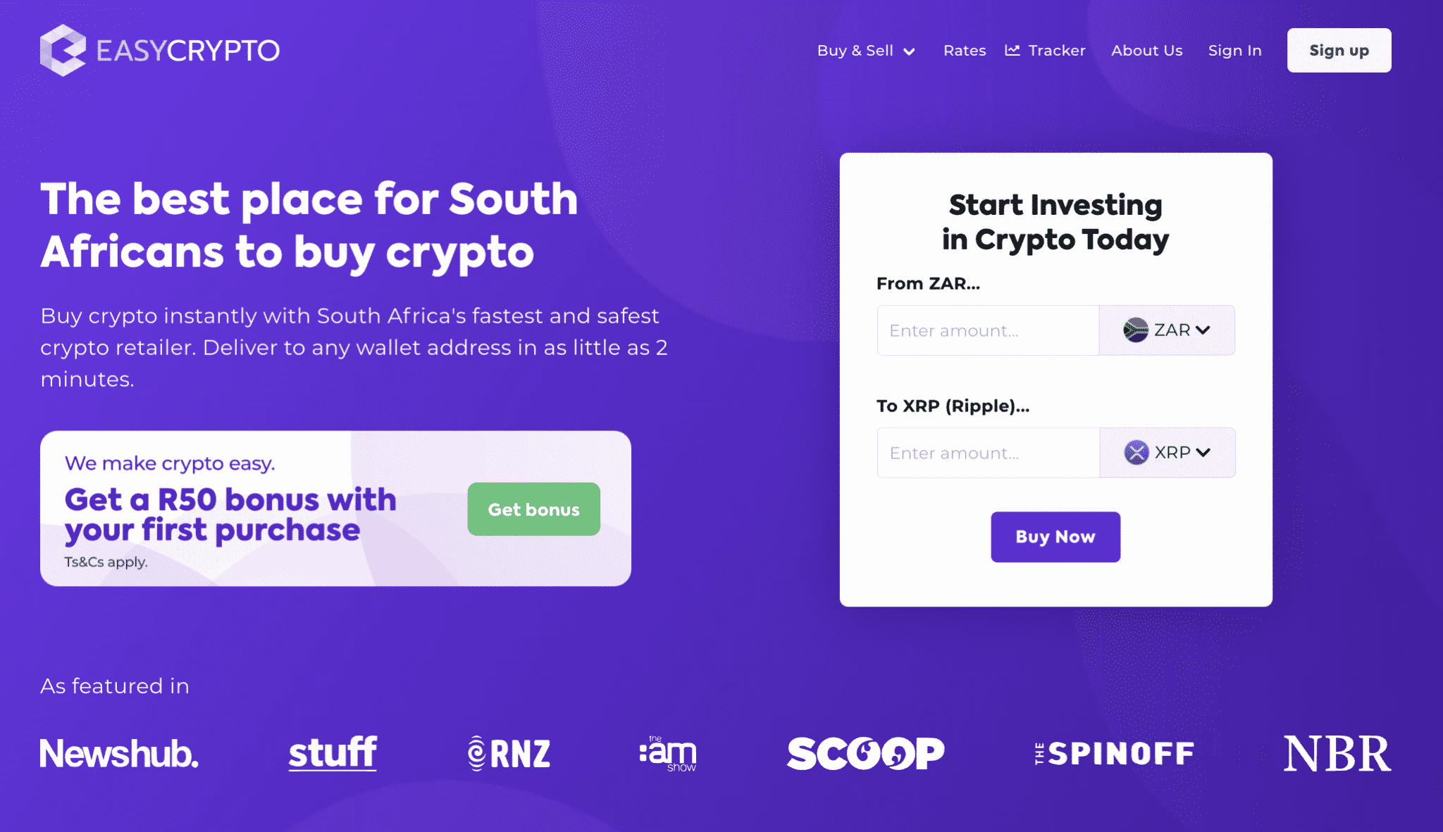 Screenshot of Easy Crypto South Africa Homepage showcasing the XRP and ZAR pairing.