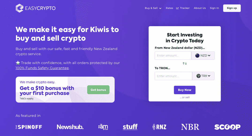 Screenshot of Easy Crypto New Zealand homepage showcasing Tron (TRX) pairing and NZD