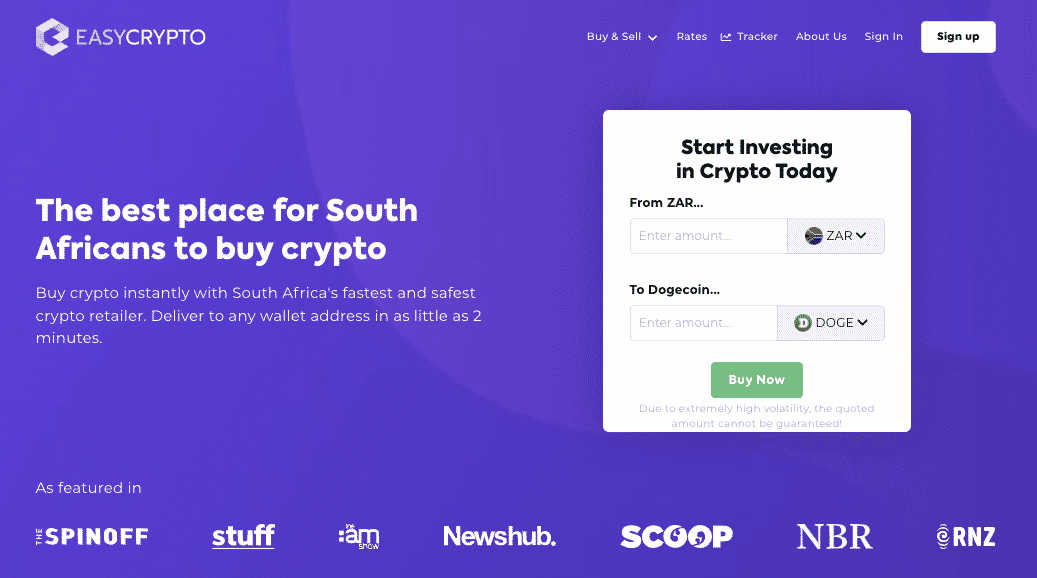 Screenshot of Easy Crypto South Africa homepage.