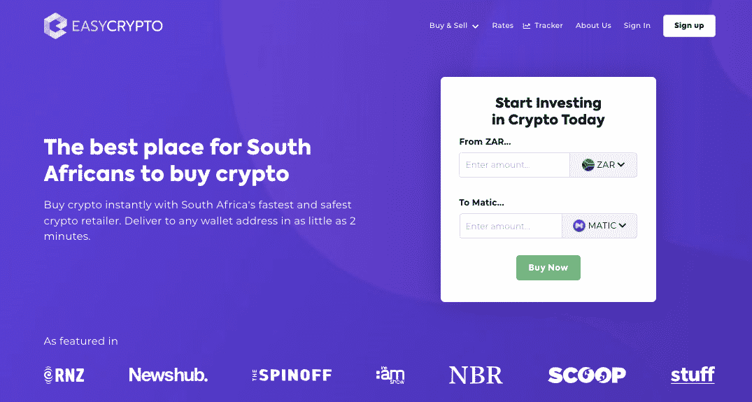 Screenshot of Easy Crypto South Africa Homepage showcasing the Polygon (MATIC) and ZAR pairing.
