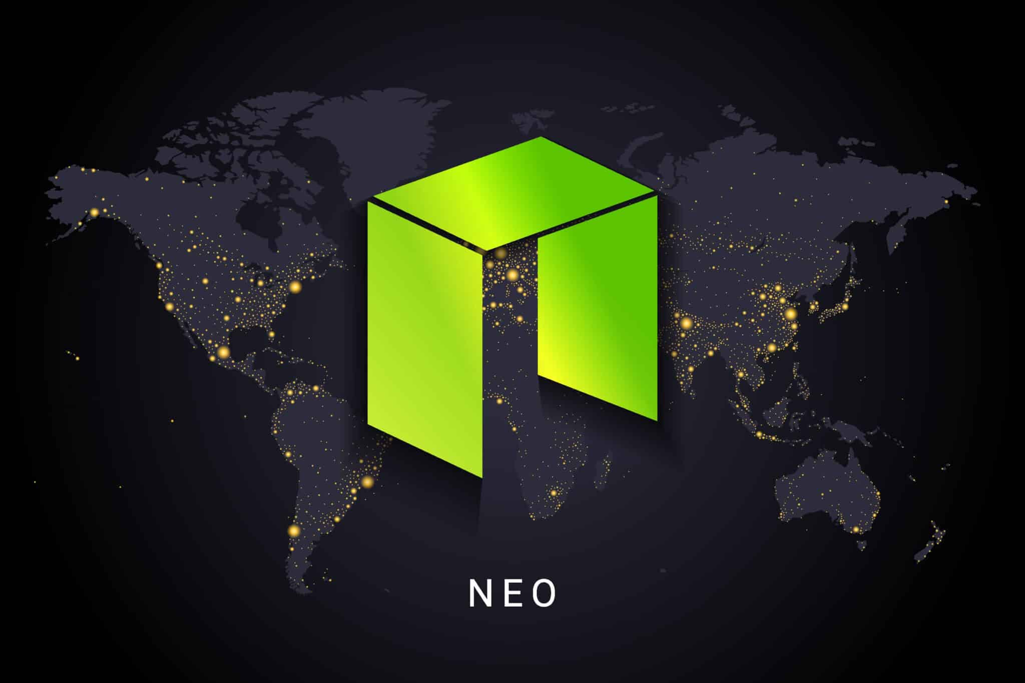 NEO crypto coin logo backdropped by international map.
