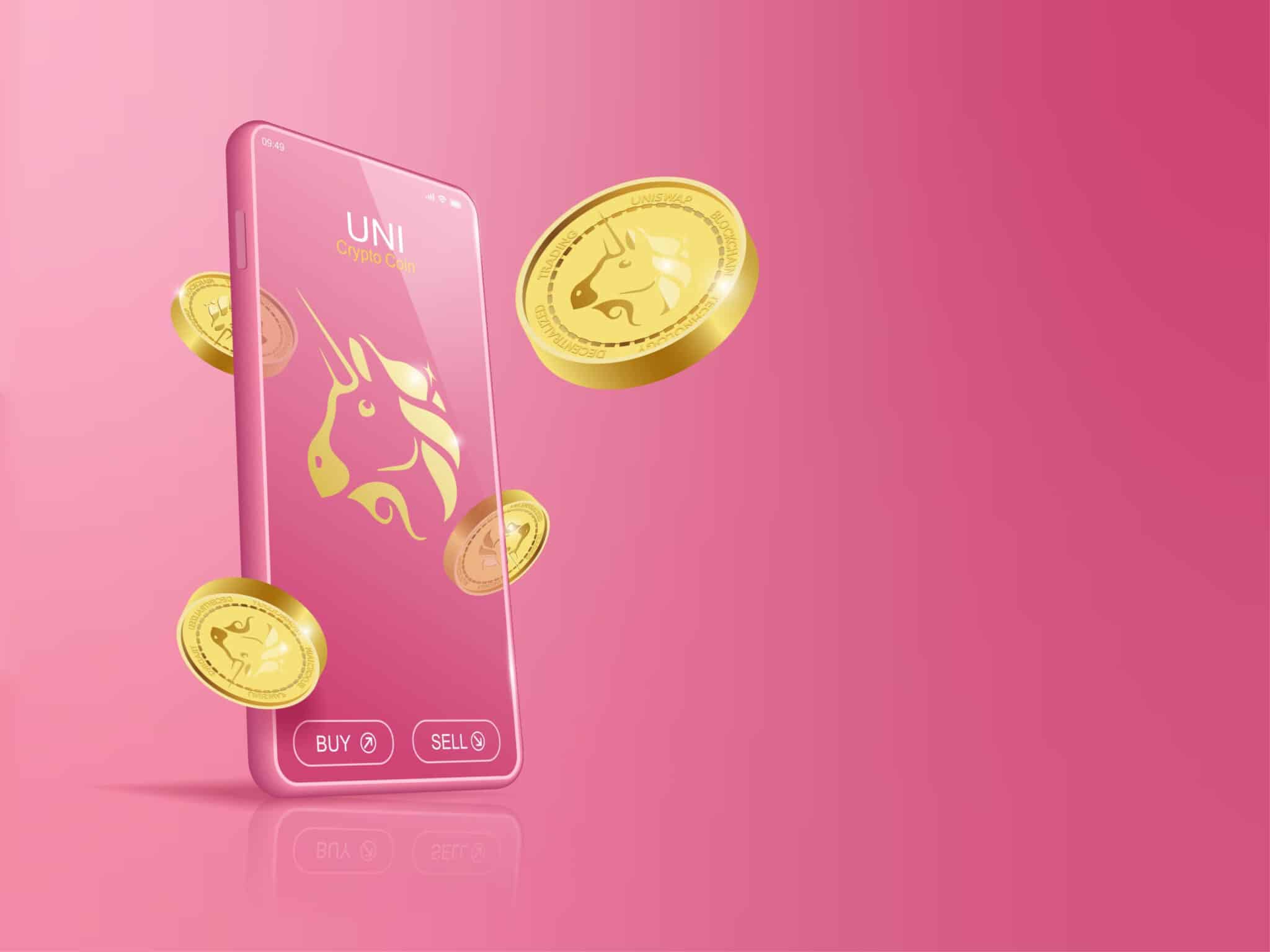 Uniswap (UNI) coin logo on a phone and pink background.