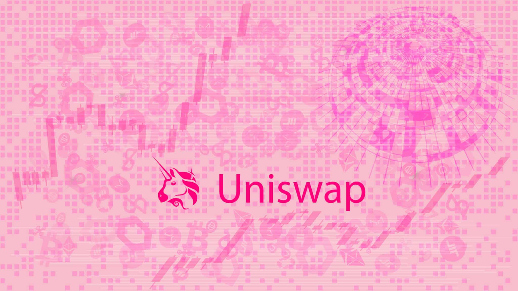Uniswap (UNI) logo on pink background.