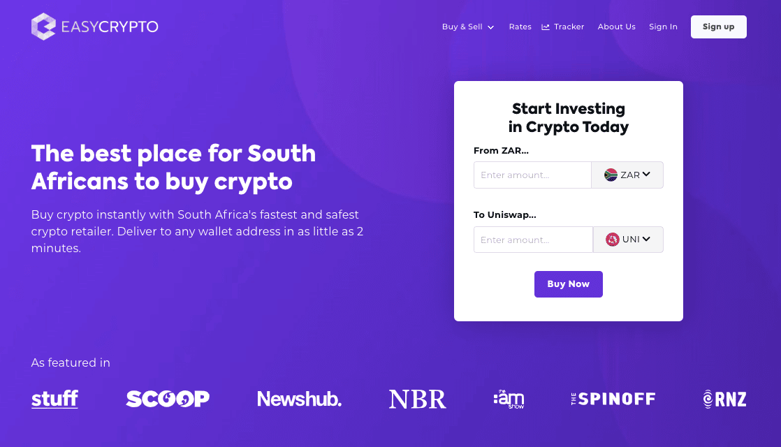 Easy Crypto South Africa homepage showcasing the Uniswap (UNI) and ZAR pairing. 