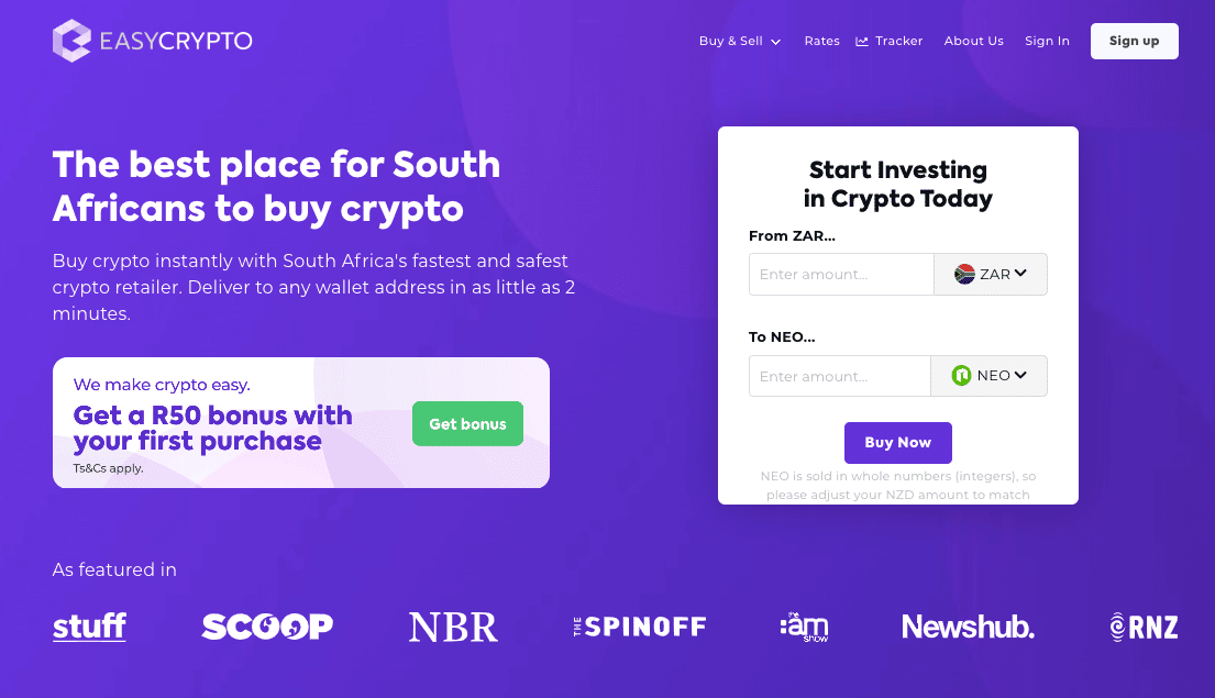 Screenshot of Easy Crypto South Africa homepage showcasing the ZAR and NEO coin pairing.