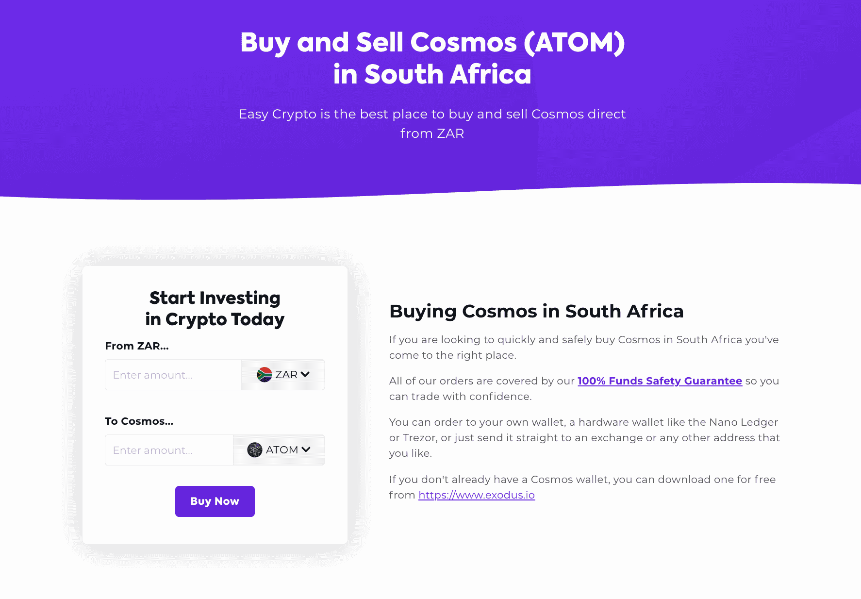 Screenshot of Cosmos (ATOM) individual coin page in South Africa showcasing the ZAR and Cosmos pairing.