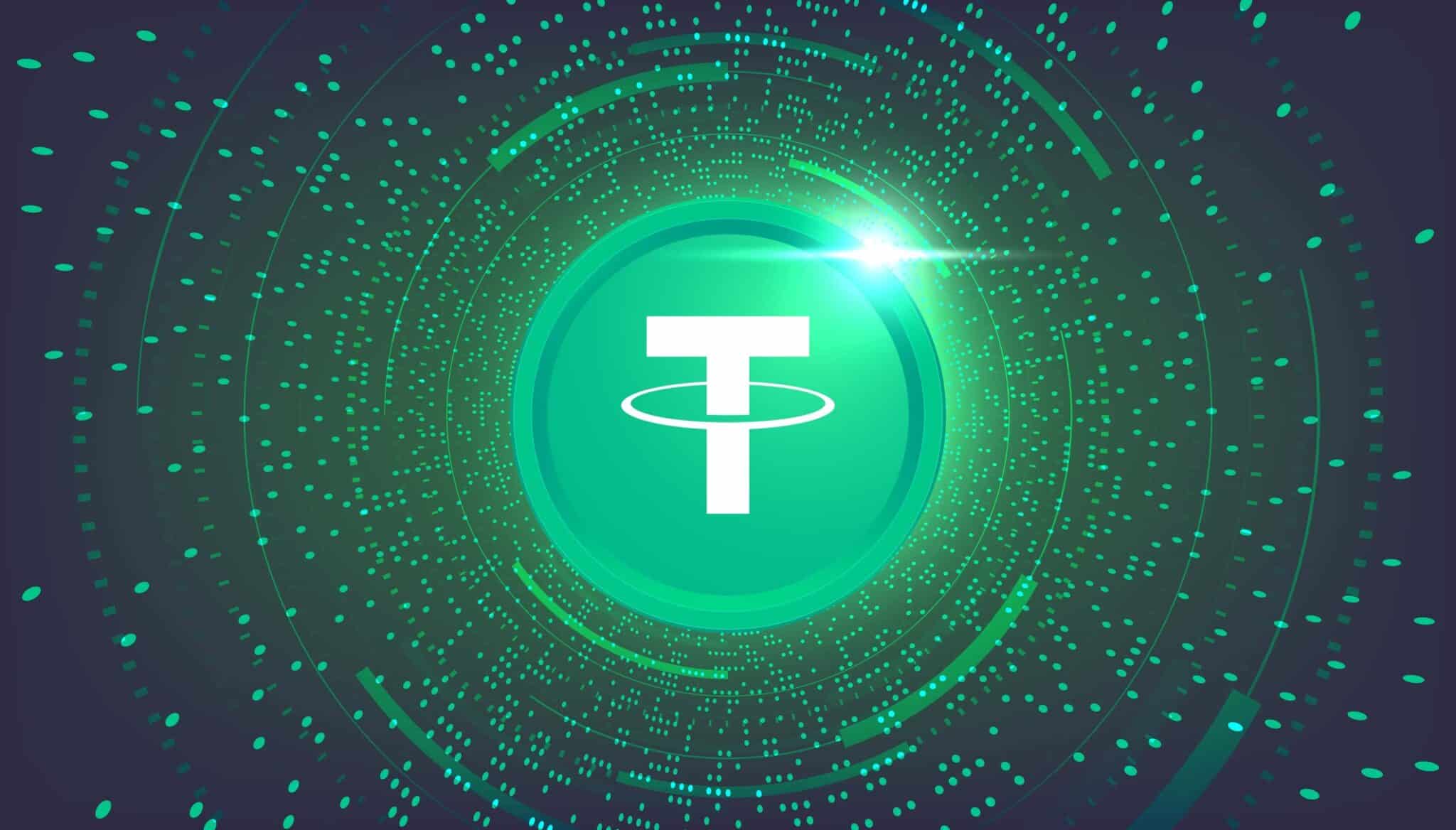 Illustration of Tether USDT token on dark green background.