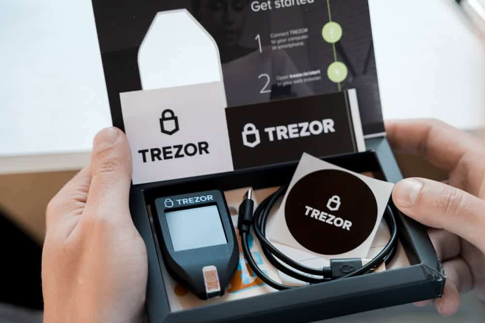 Unboxing photo of Trezor Crypto Wallet.