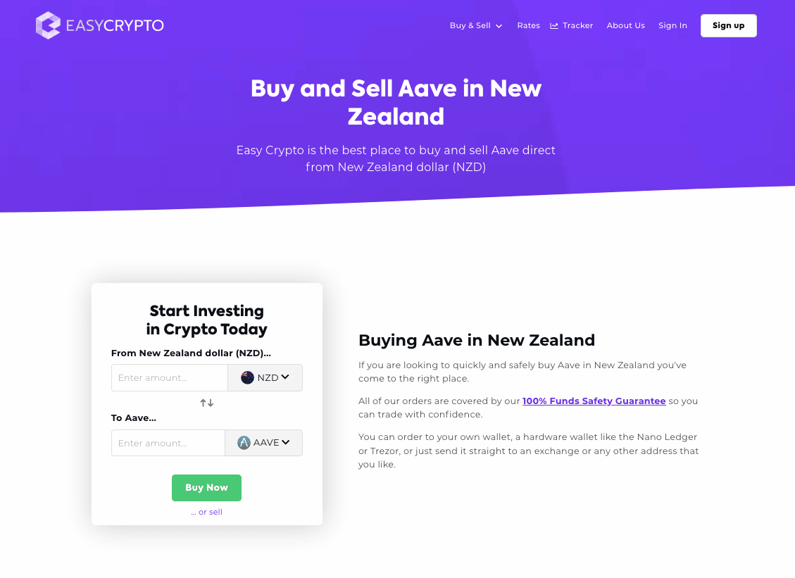 Screenshot of Aave (AAVE) token buy page in New Zealand.