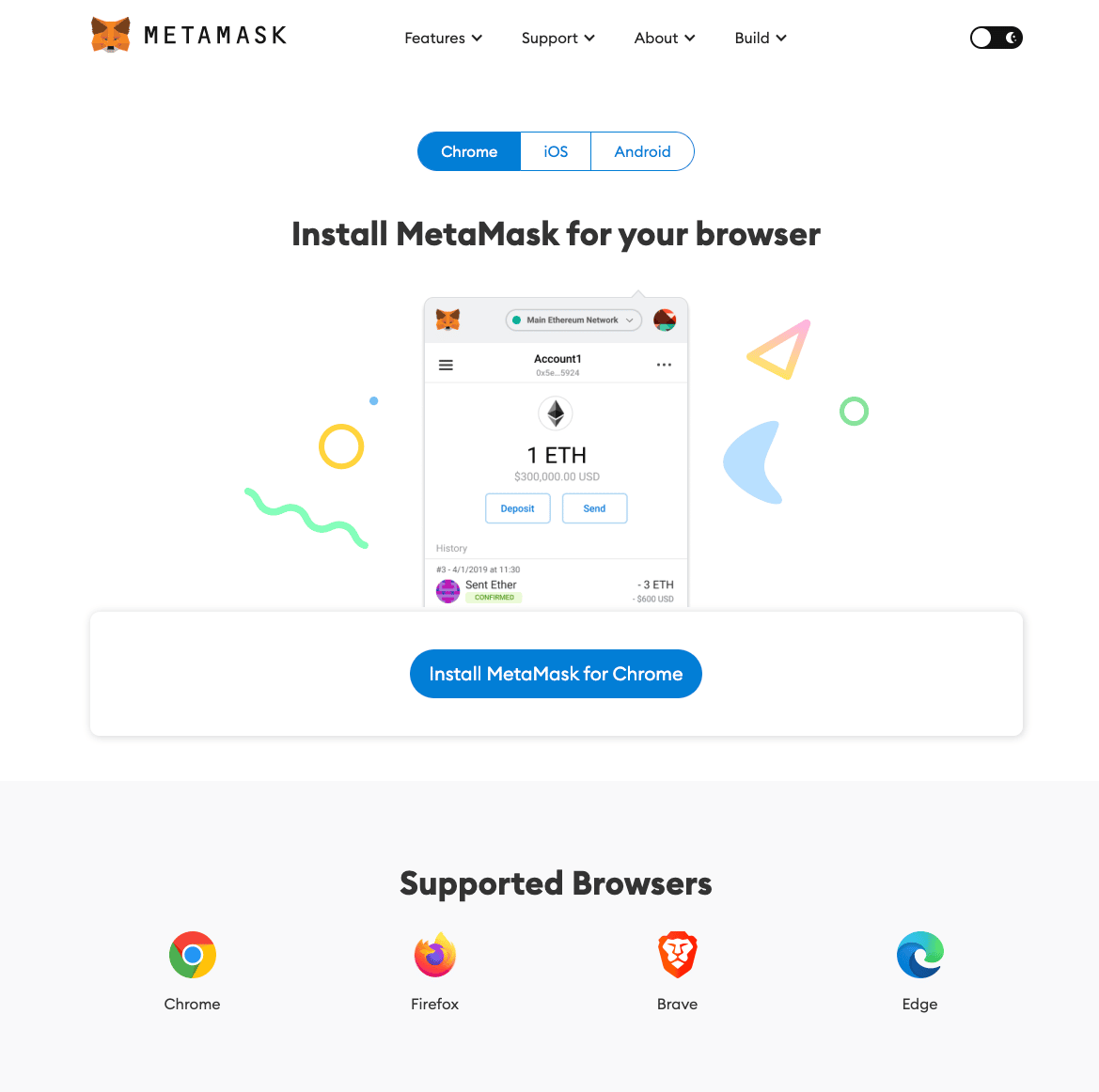 Screenshot of download page for metamask wallet.