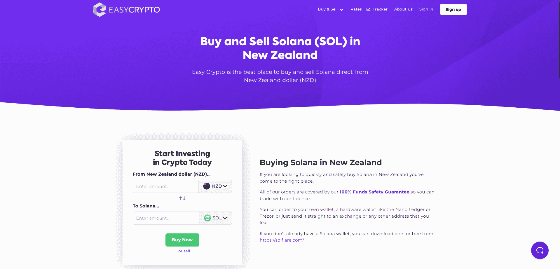 Screenshot showcasing the Easy Crypto NZ coin page to buy SOL with NZD