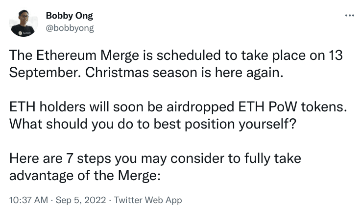 Bobby Ong on twitter talking about how to profit from ETHW