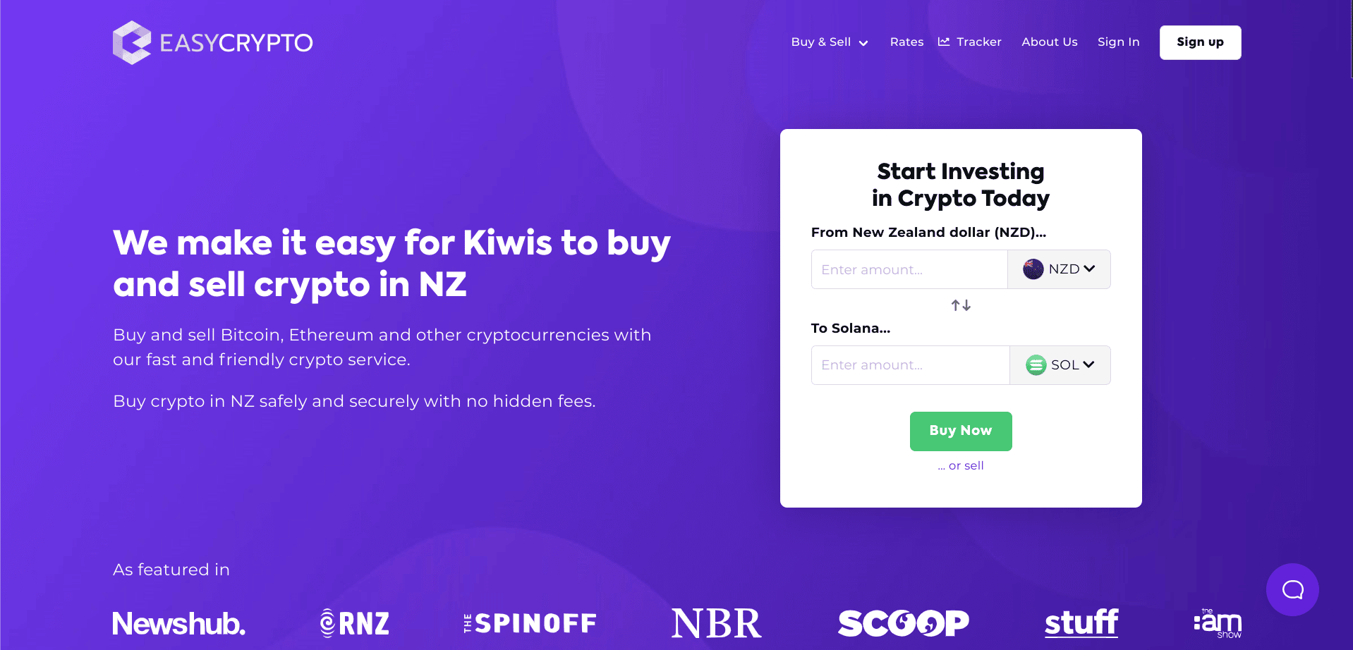 Screenshot of Easy Crypto New Zealand Homepage showcasing the New Zealand Dollar (NZD) and Solana (SOL) token pairing.