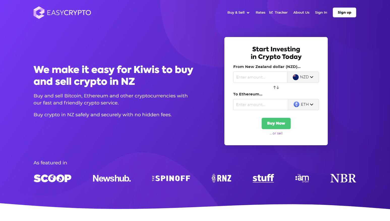 Screenshot of Easy Crypto New Zealand homepage showcasing NZD and ETH pairing. 