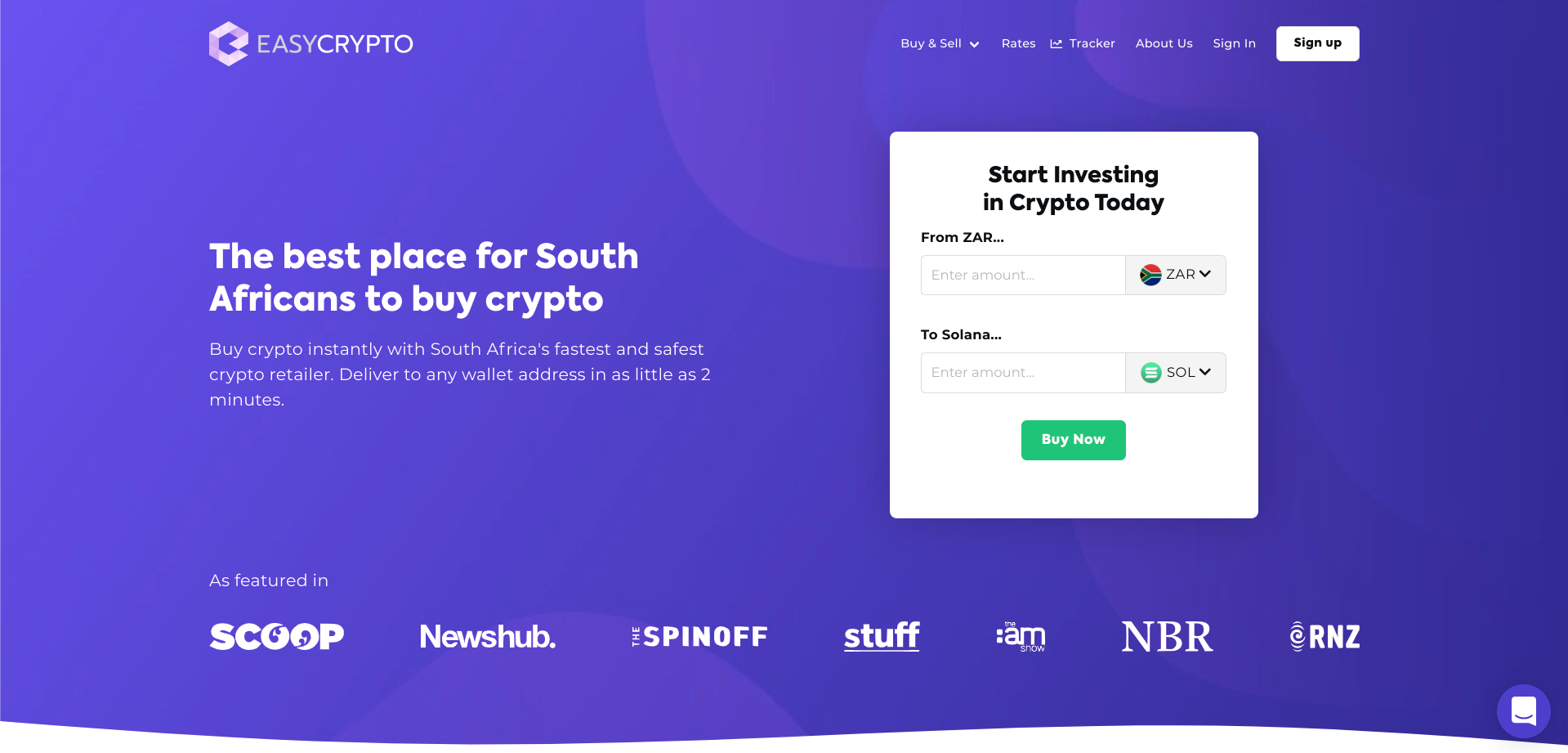 Screenshot of Easy Crypto South Africa Homepage showcasing the South African Rand (ZAR) and Solana (SOL) token pairing.