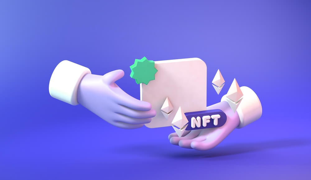 Illustration of two hands transacting NFTs.