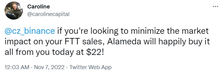 Tweet from CEO of Alameda Research