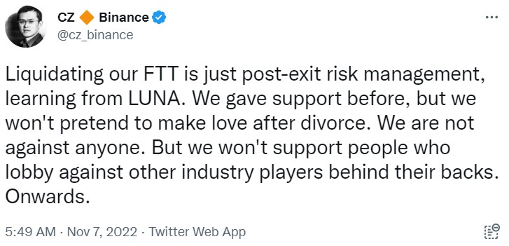 Tweet from Binance CEO