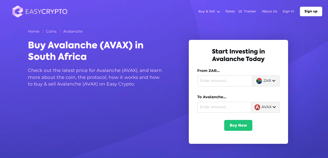 Screenshot of Easy Crypto South Africa coin page showcasing the ZAR and AVAX token pairing.