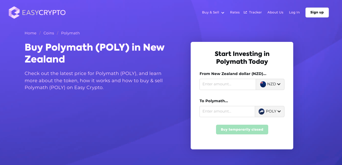 Screenshot of Easy Crypto New Zealand showcasing the Polymath (POLY) and NZD pairing. 