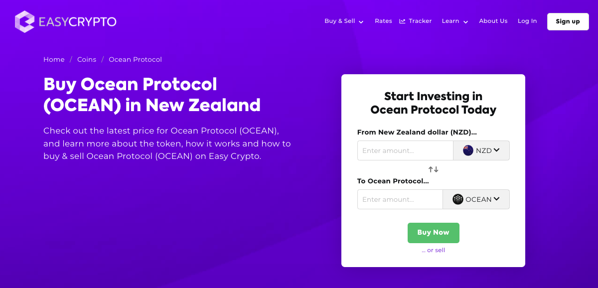 Screenshot of Ocean Protocol (OCEAN) on Easy Crypto NZ.