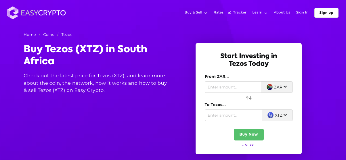Screeenshot of Easy Crypto South Africa showcasing Tezos (XTZ) and ZAR pairing.