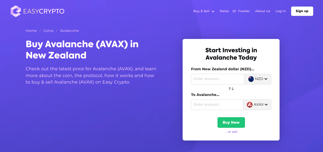 Screenshot of Easy Crypto New Zealand website showcasing the NZD and AVAX pairing.
