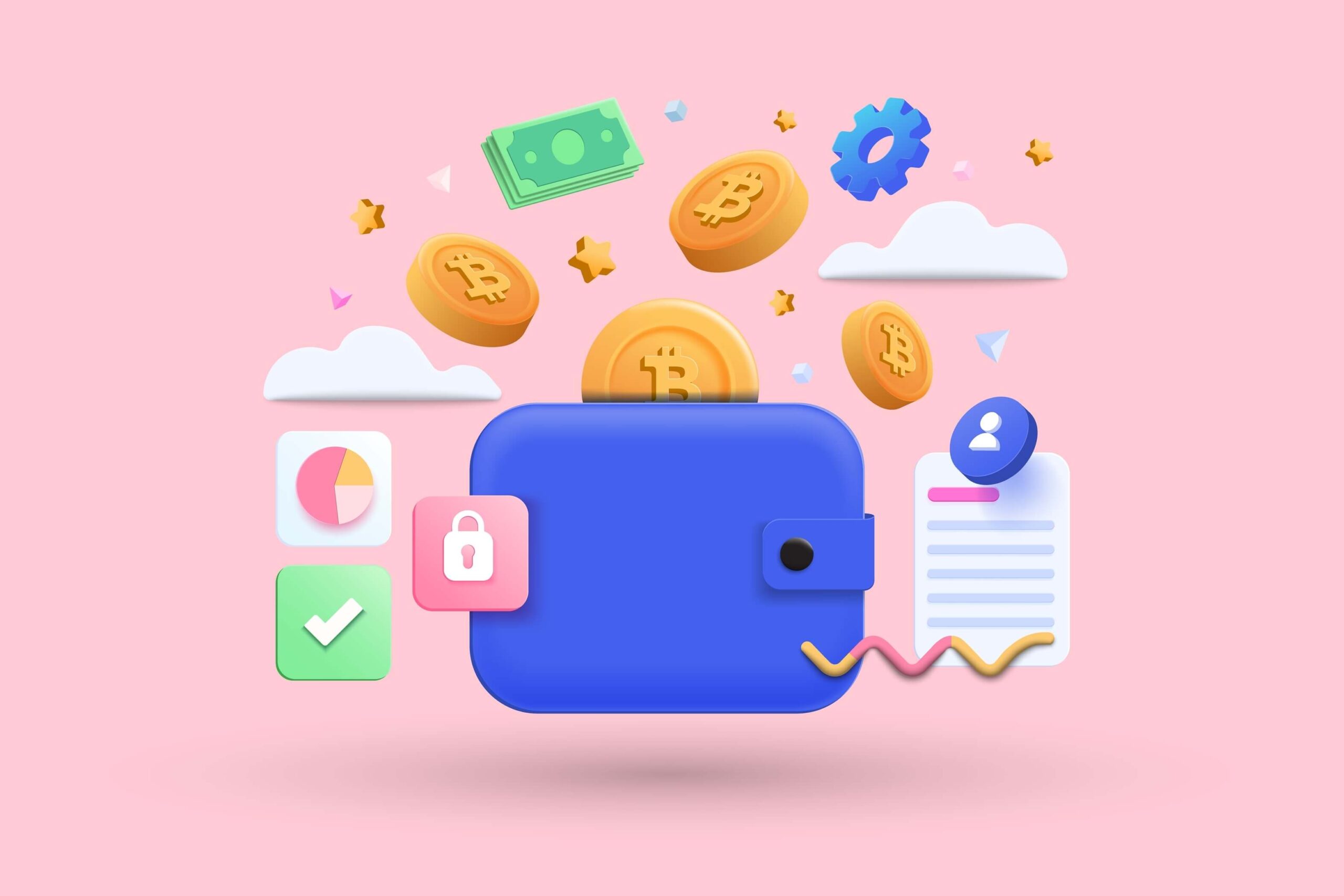 Illustration of a blue crypto bitcoin wallet on pink background.