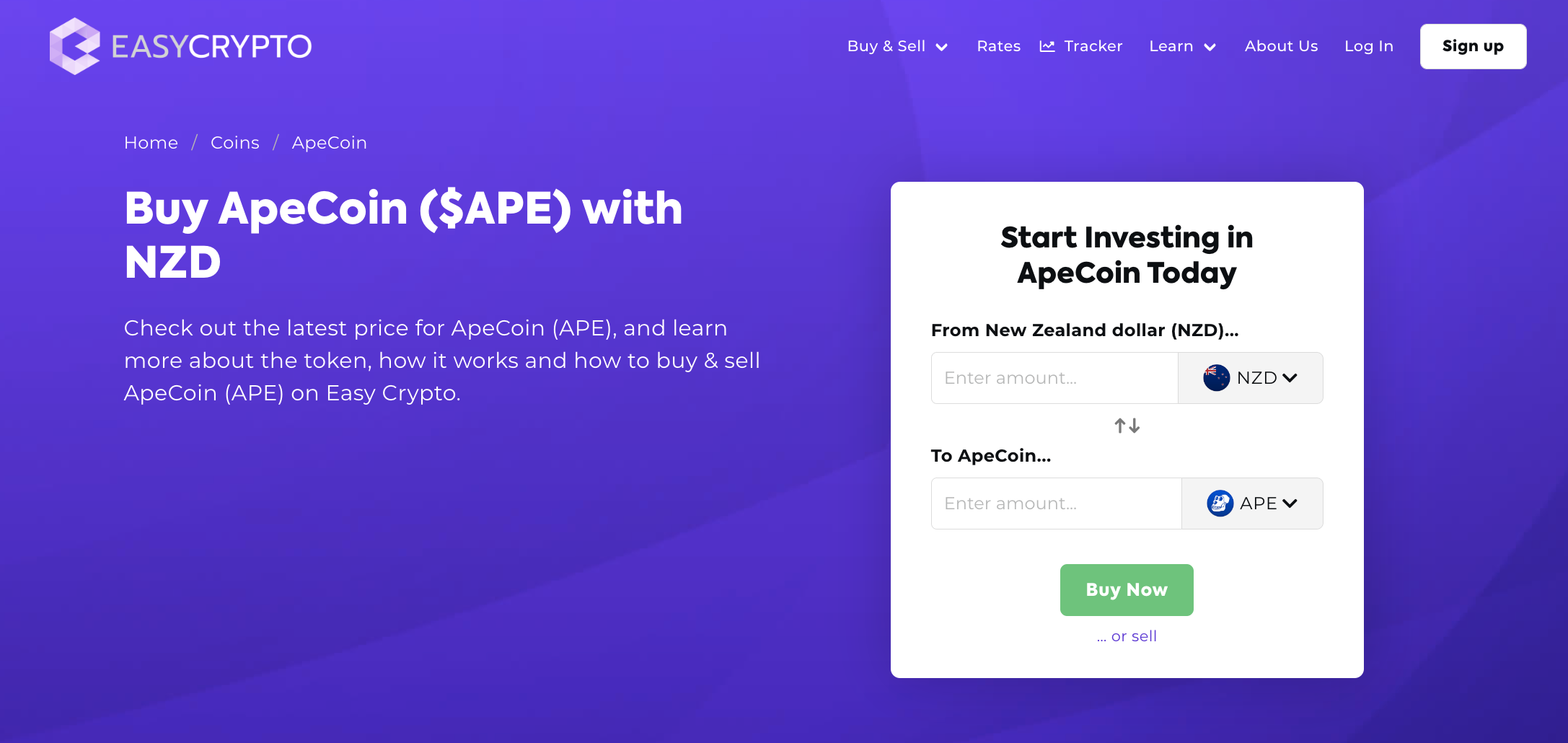 Screenshot of Easy Crypto New Zealand homepage showcasing the ApeCoin (APE) and New Zealand Dollars (NZD) pairing.