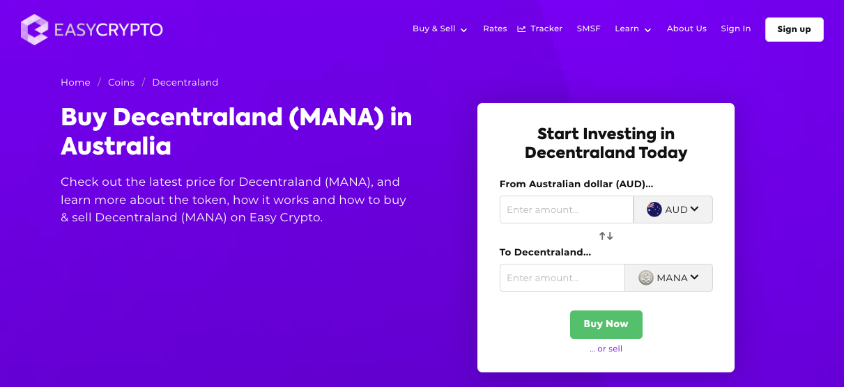 Screenshot of Decentraland (MANA) and AUD pairing on Easy Crypto Australia website.