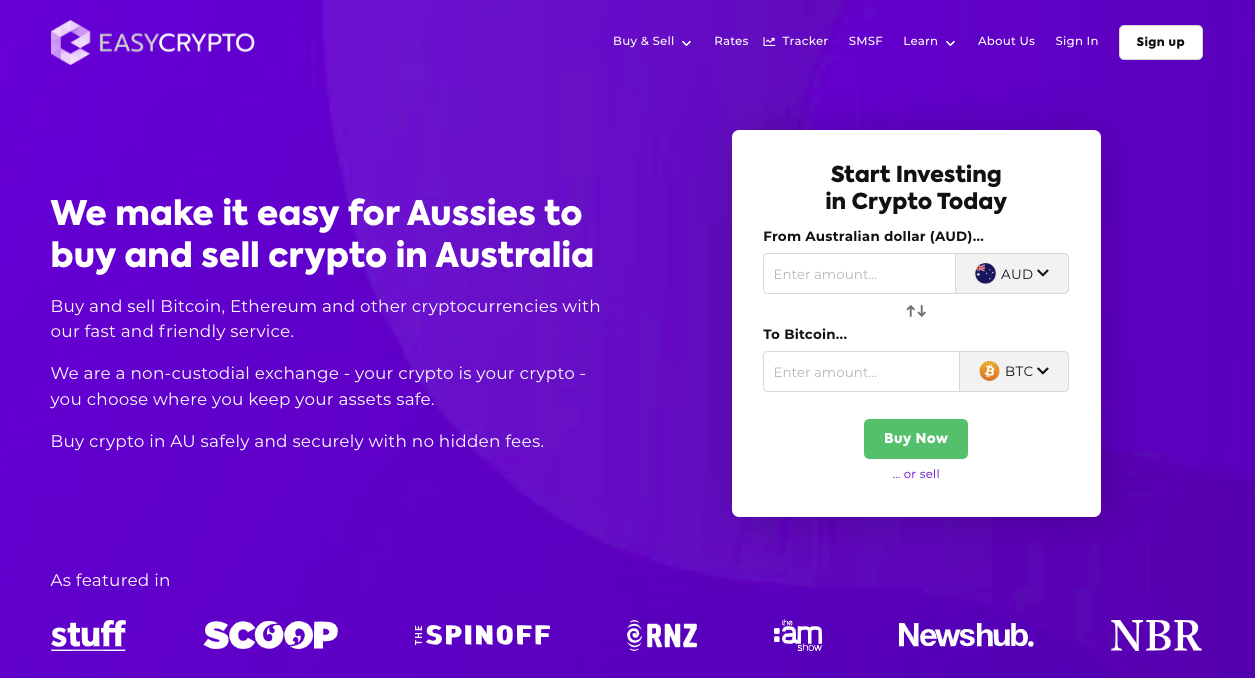 Screenshot of Easy Crypto Australia homepage showcasing the Bitcoin (BTC) and Australian Dollar (AUD) pairing.