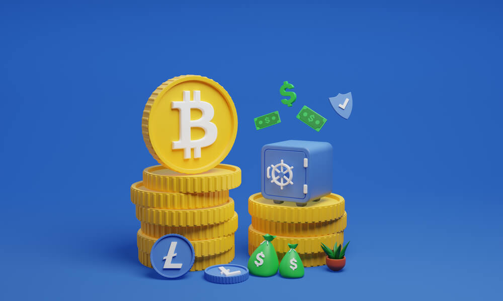 Stacks of Bitcoin coin and a blue safe on blue background.