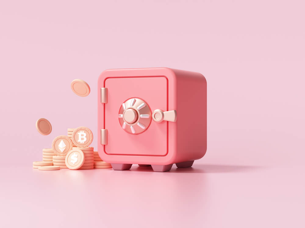 Crypto wallet vault to secure assets pink background
