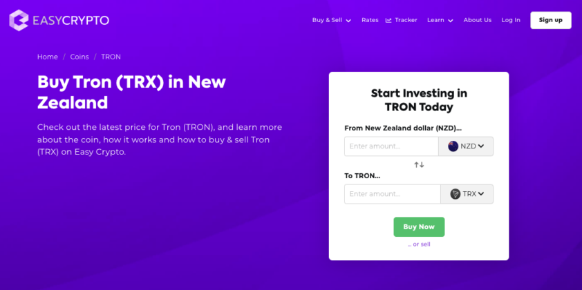 Screenshot of Easy Crypto NZ coin page showcasing the Tron (TRX) and New Zealand Dollar (NZD) pairing.