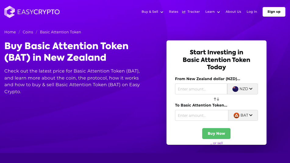 Screenshot of Easy Crypto coinpage showcasing Basic Attention Token (BAT) and New Zealand Dollars (NZD) pairing.