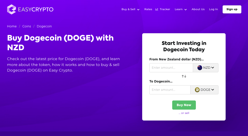Screenshot of Easy Crypto coin page showcasing Dogecoin (DOGE) and NZD.