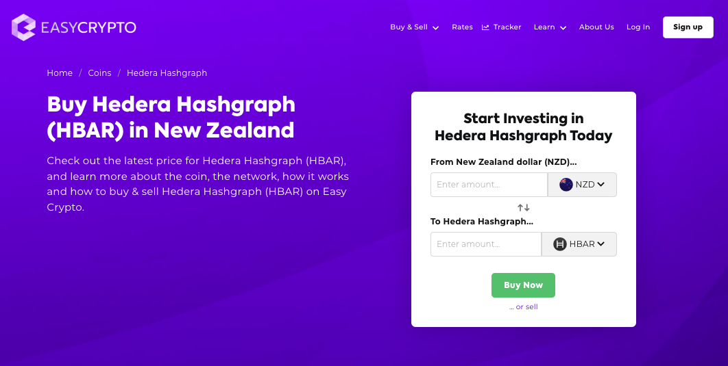 Screenshot of Easy Crypto coin buying page showcasing the Hedera Hashgraph coin and NZD pairing.