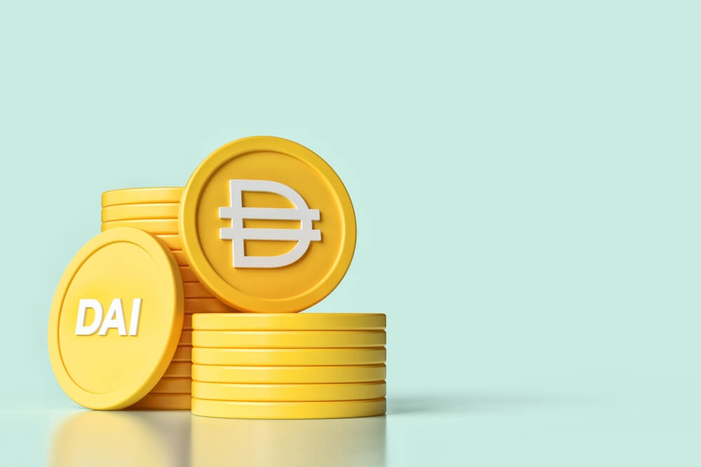 DAI crypto coins on light green background