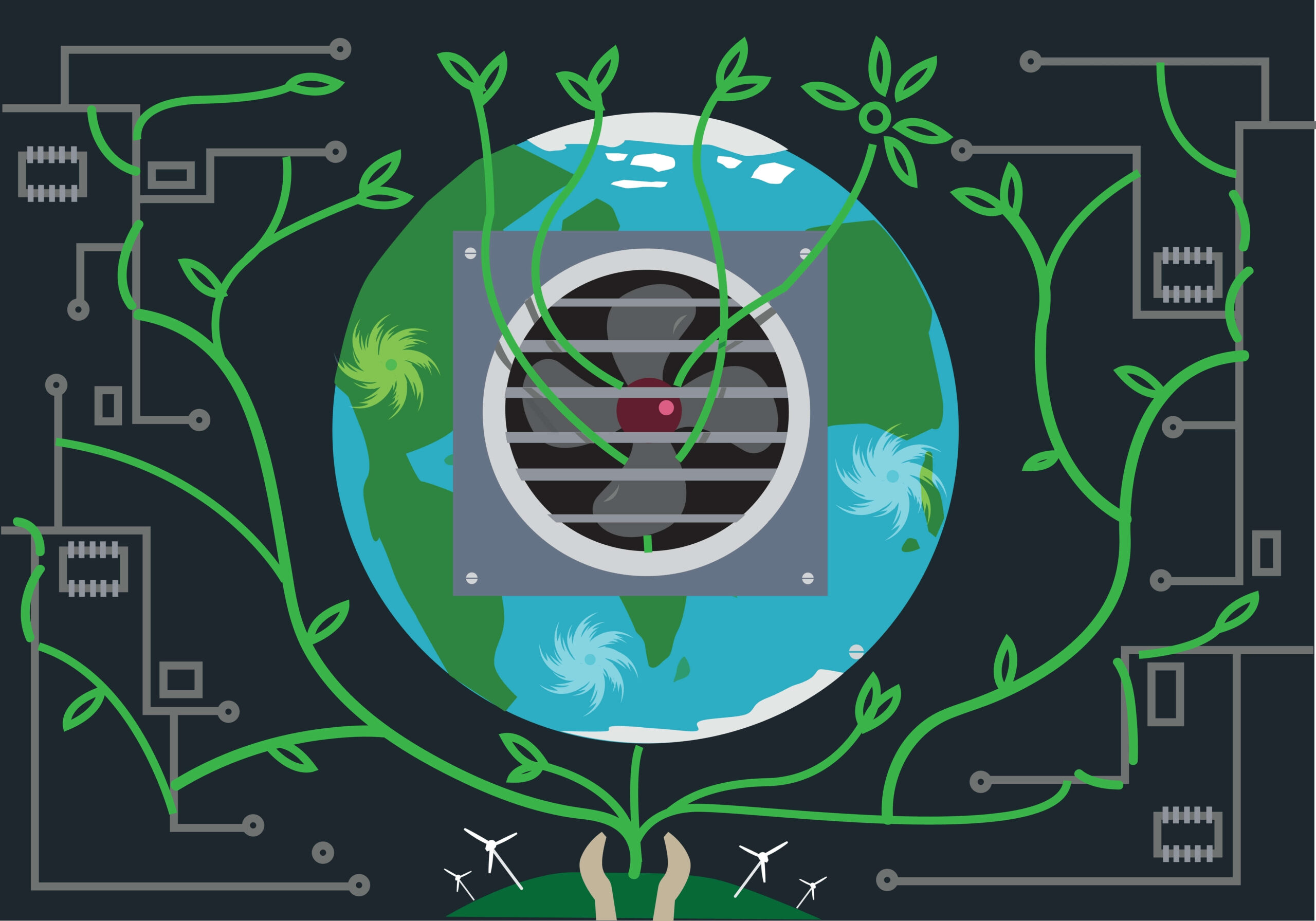 Illustration of fan wrapped with leaves to illustrate crypto climate change