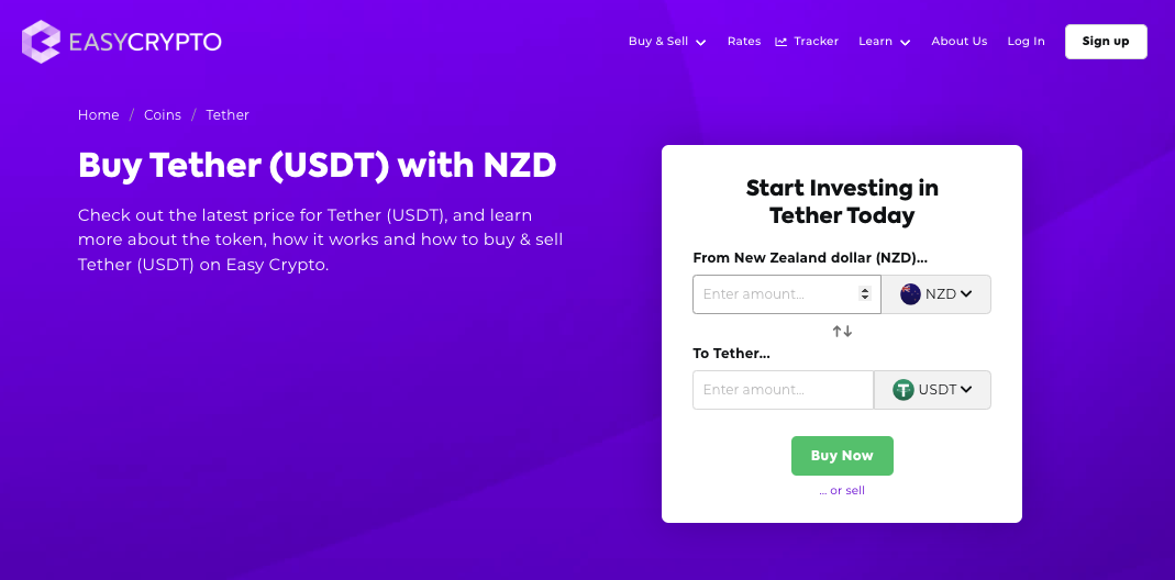 Screenshot of Easy Crypto coin page showcasing Tether (USDT) and NZD pairing.