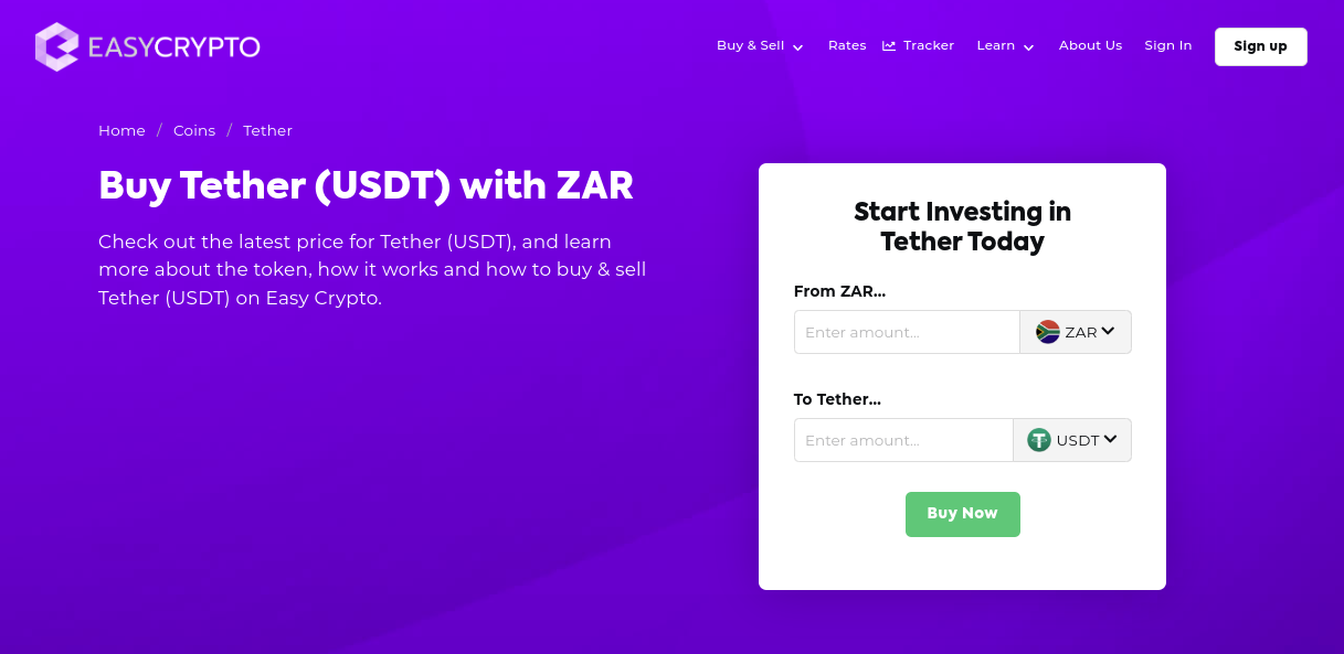 Screenshot of Easy Crypto South Africa coin page showcasing the ZAR and USDT pairing.