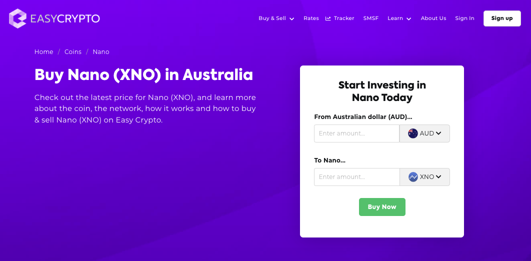 Screenshot of Easy Crypto coin page showcasing the Nano (XNO) and Australian Dollars (AUD) pairing.